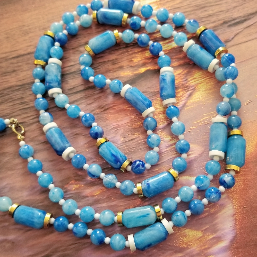 Vintage necklace sky blue beads long gold tone retro